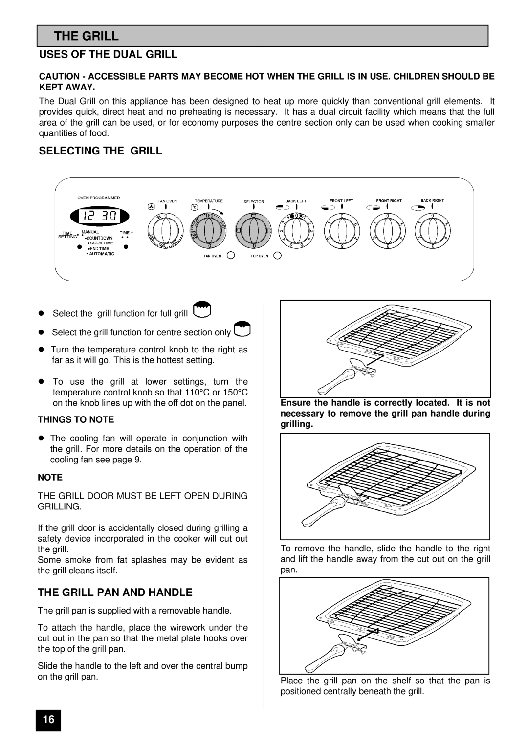 Tricity Bendix RE60DC, RE60 SS Uses of the Dual Grill, Selecting the Grill, Grill PAN and Handle 