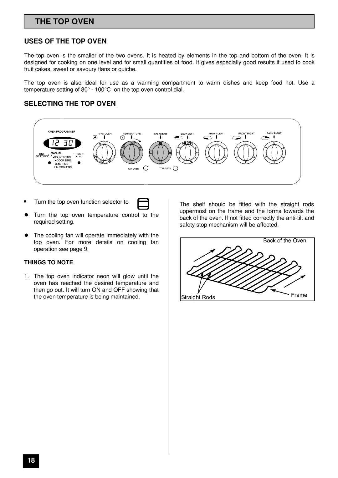 Tricity Bendix RE60DC, RE60 SS installation instructions Uses of the TOP Oven, Selecting the TOP Oven, Things to Note 