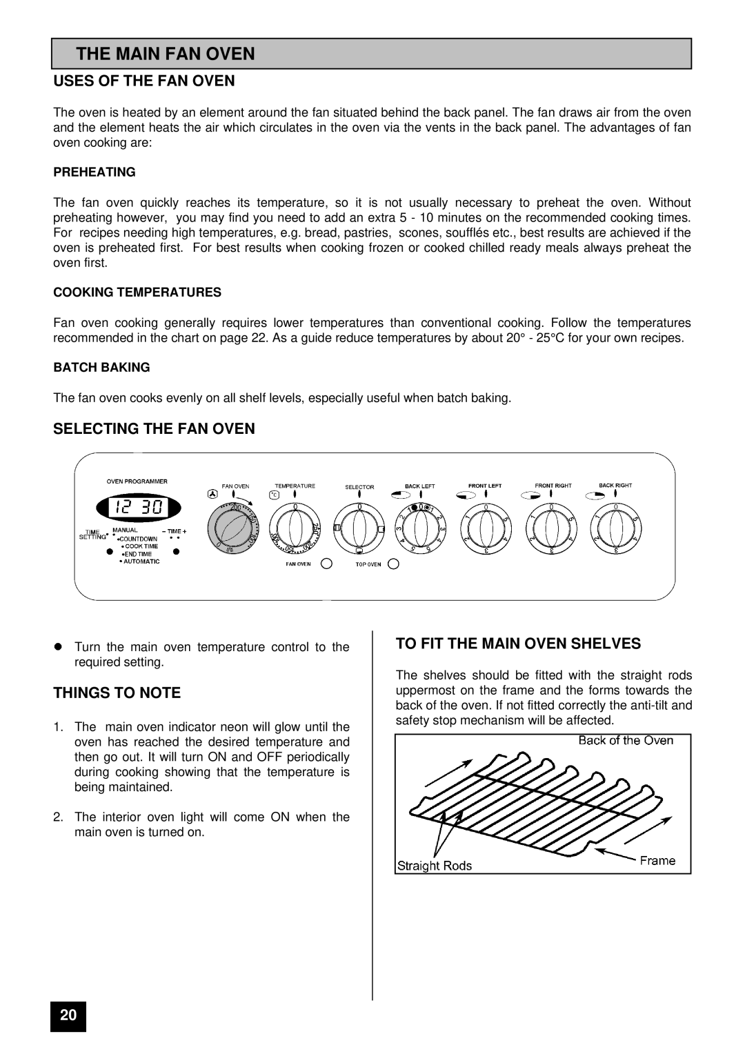 Tricity Bendix RE60DC, RE60 SS Main FAN Oven, Uses of the FAN Oven, Selecting the FAN Oven, Things to Note 