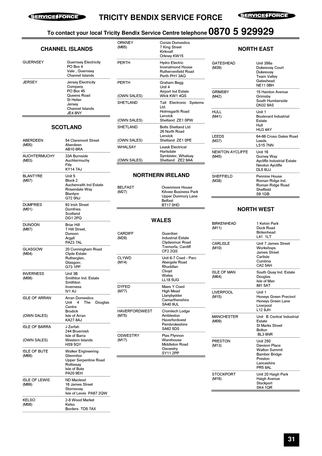 Tricity Bendix RE60 SS, RE60DC installation instructions Tricity Bendix Service Force 