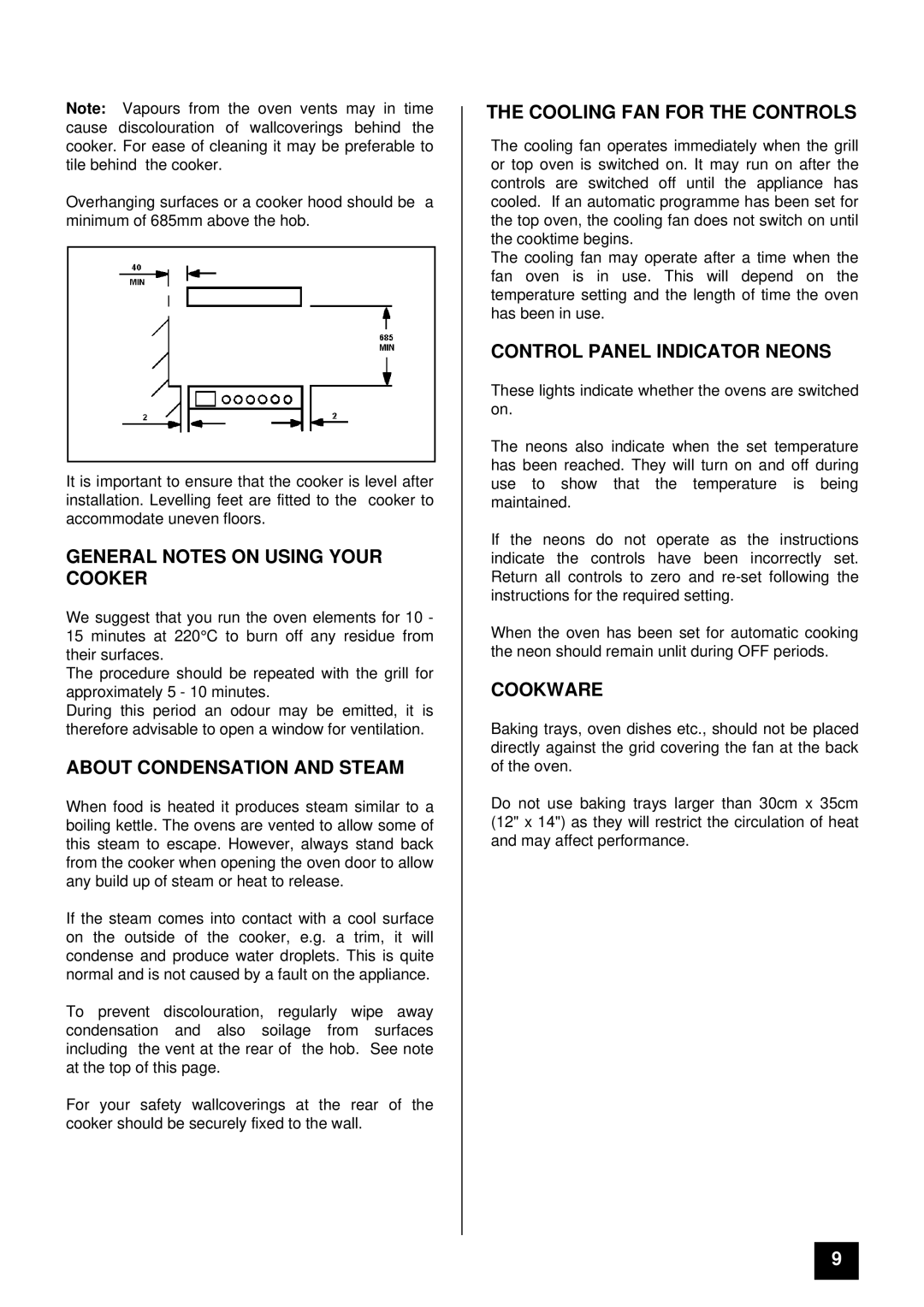 Tricity Bendix RE60 SS General Notes on Using Your Cooker, About Condensation and Steam, Cooling FAN for the Controls 