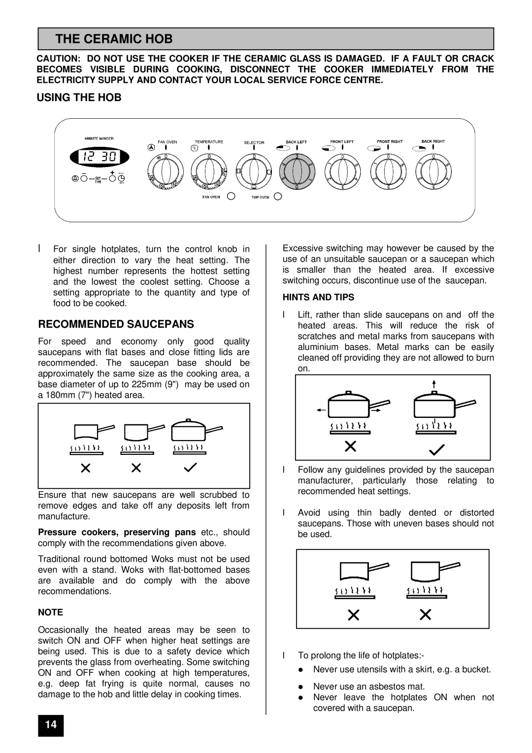 Tricity Bendix RE60GC installation instructions Ceramic HOB, Using the HOB, Recommended Saucepans, LHINTS and Tips 