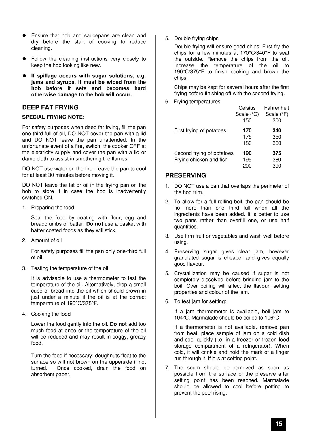 Tricity Bendix RE60GC installation instructions Deep FAT Frying, Preserving, Special Frying Note, 170 340, 190 375 