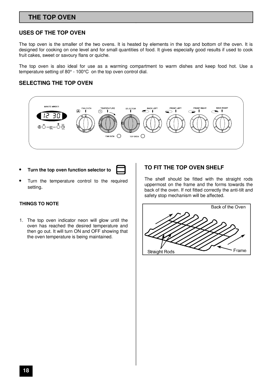 Tricity Bendix RE60GC Uses of the TOP Oven, Selecting the TOP Oven, To FIT the TOP Oven Shelf, Things to Note 