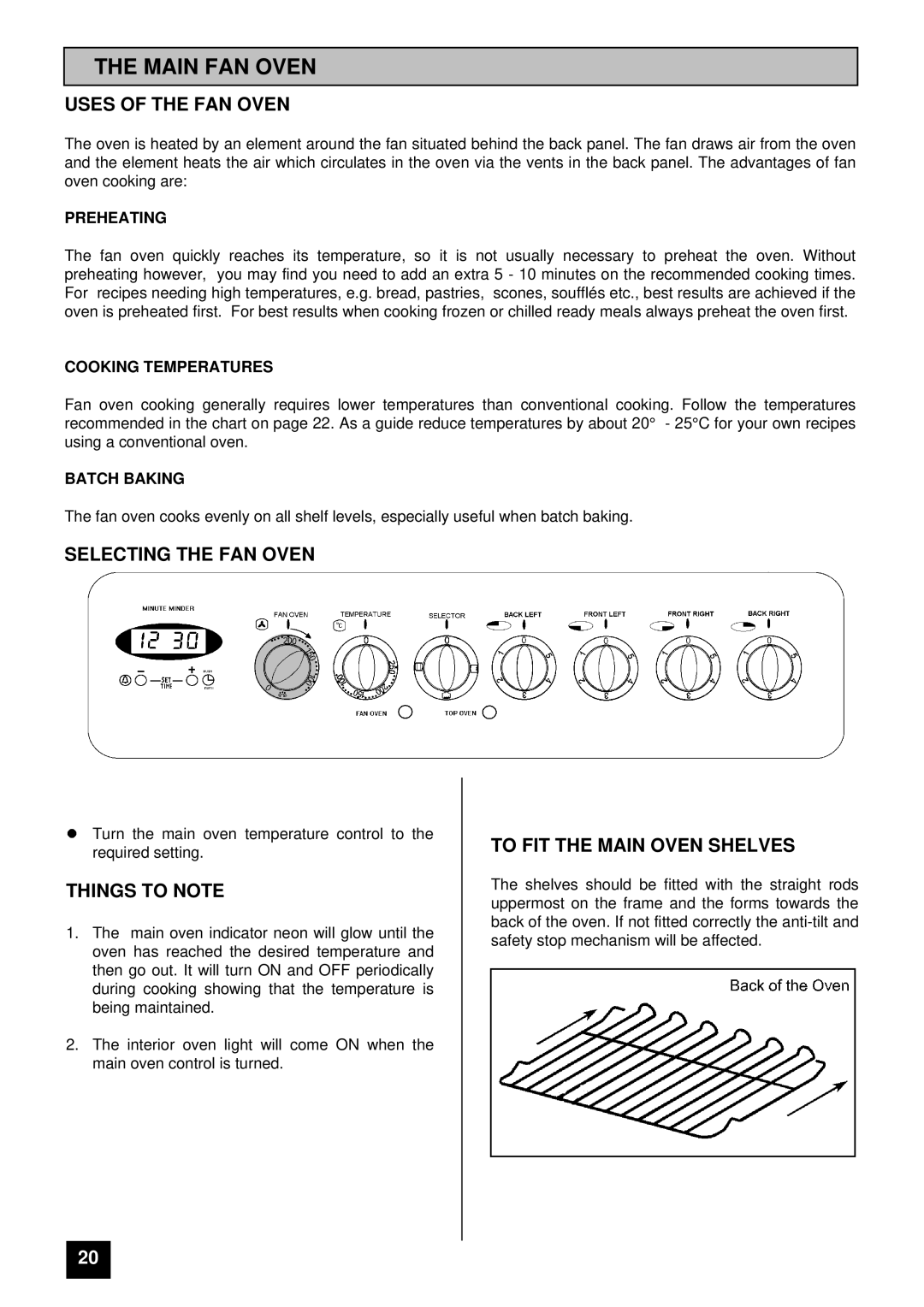 Tricity Bendix RE60GC installation instructions Main FAN Oven, Uses of the FAN Oven, Selecting the FAN Oven, Things to Note 