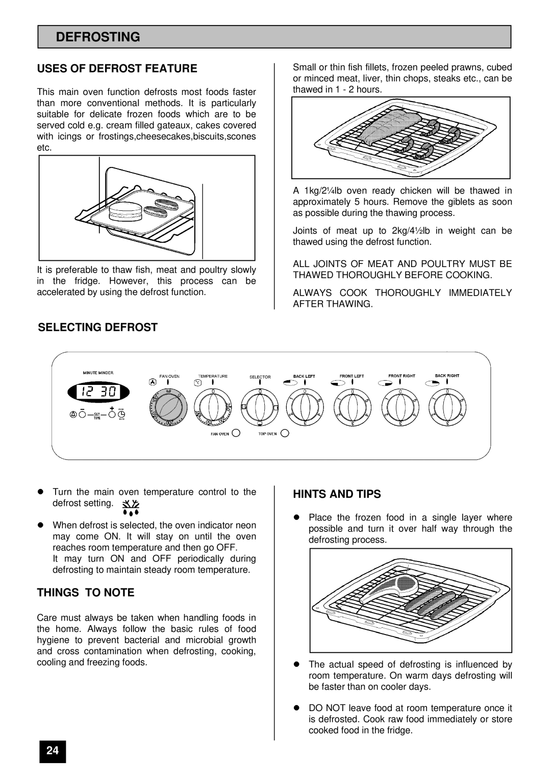 Tricity Bendix RE60GC installation instructions Defrosting, Uses of Defrost Feature, Selecting Defrost, Hints and Tips 