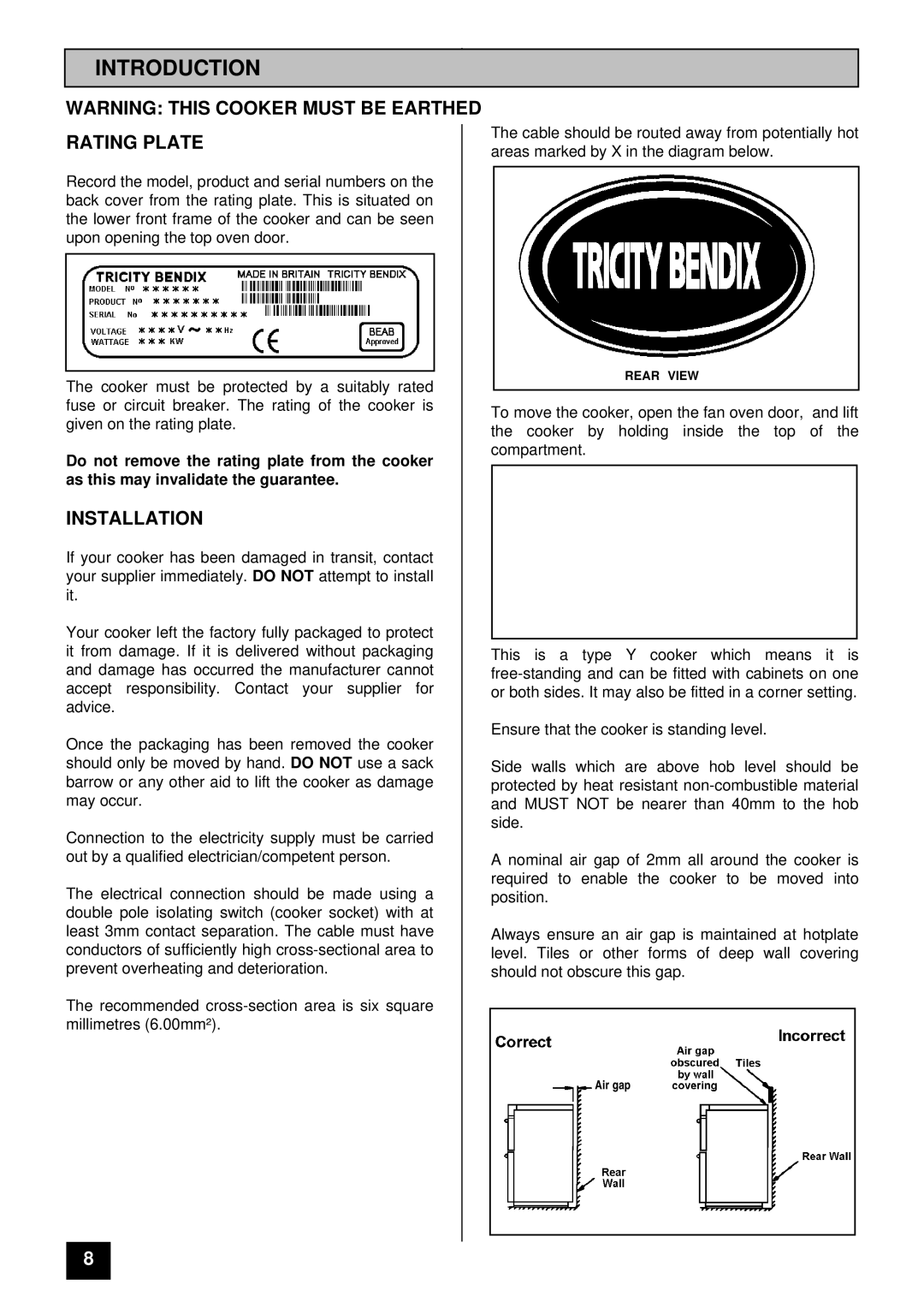 Tricity Bendix RE60GC installation instructions Introduction, Rating Plate, Installation 