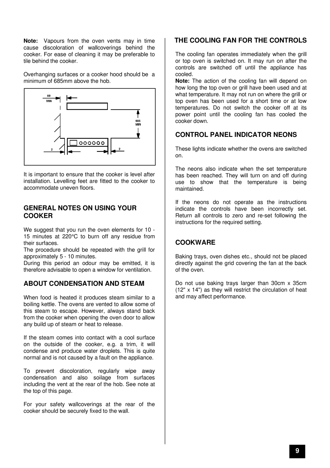 Tricity Bendix RE60GC General Notes on Using Your Cooker, About Condensation and Steam, Cooling FAN for the Controls 