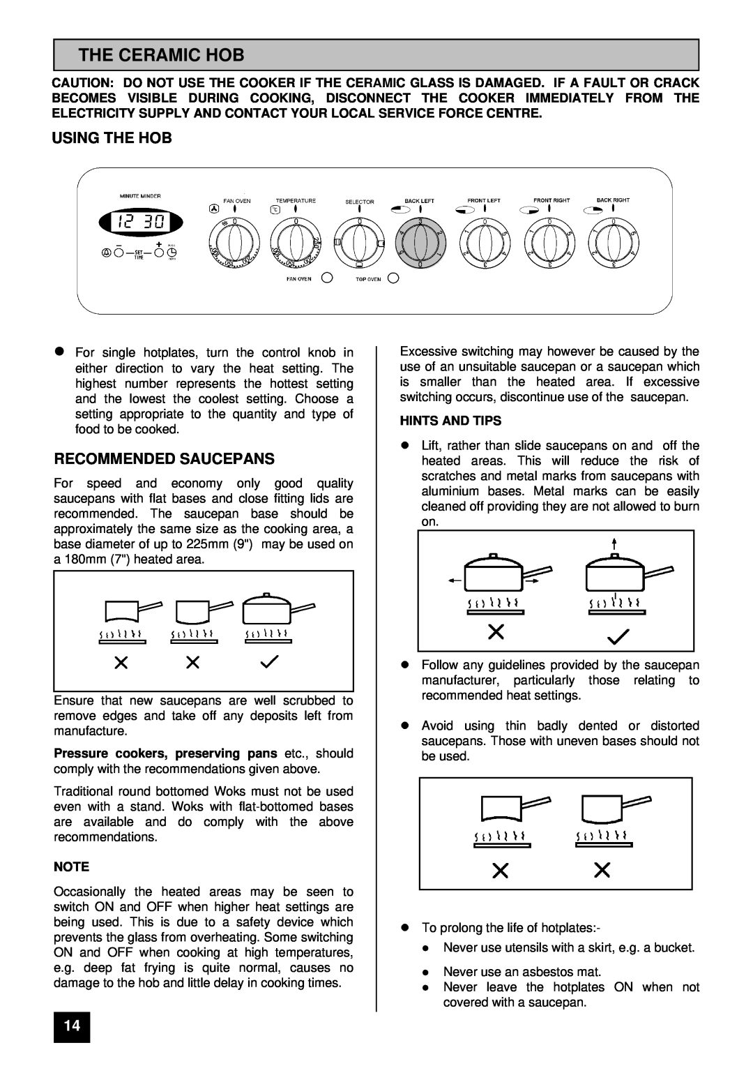 Tricity Bendix RE60GC installation instructions The Ceramic Hob, Using The Hob, Recommended Saucepans, lHINTS AND TIPS 