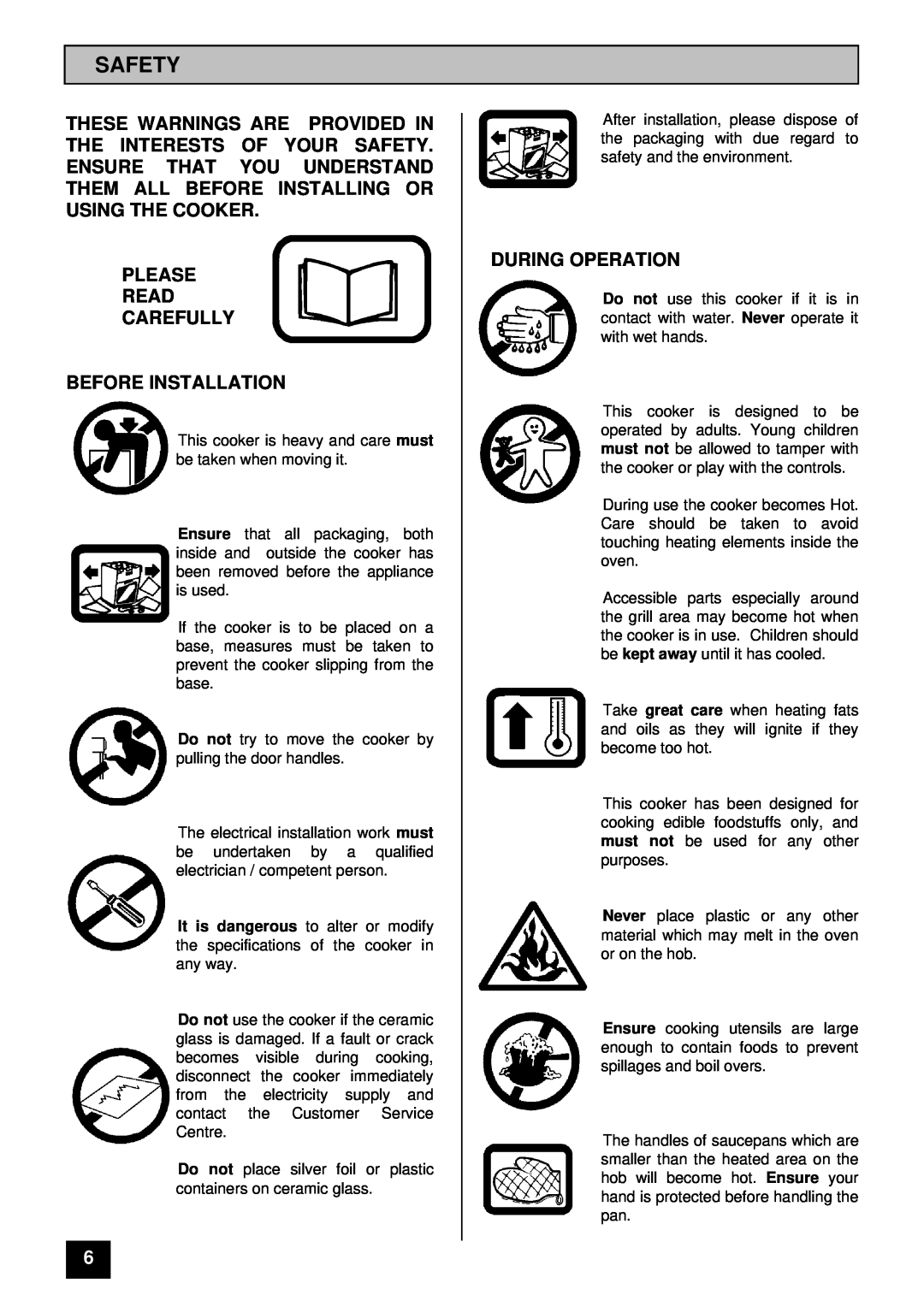 Tricity Bendix RE60GC installation instructions Safety, Please Read Carefully Before Installation, During Operation 