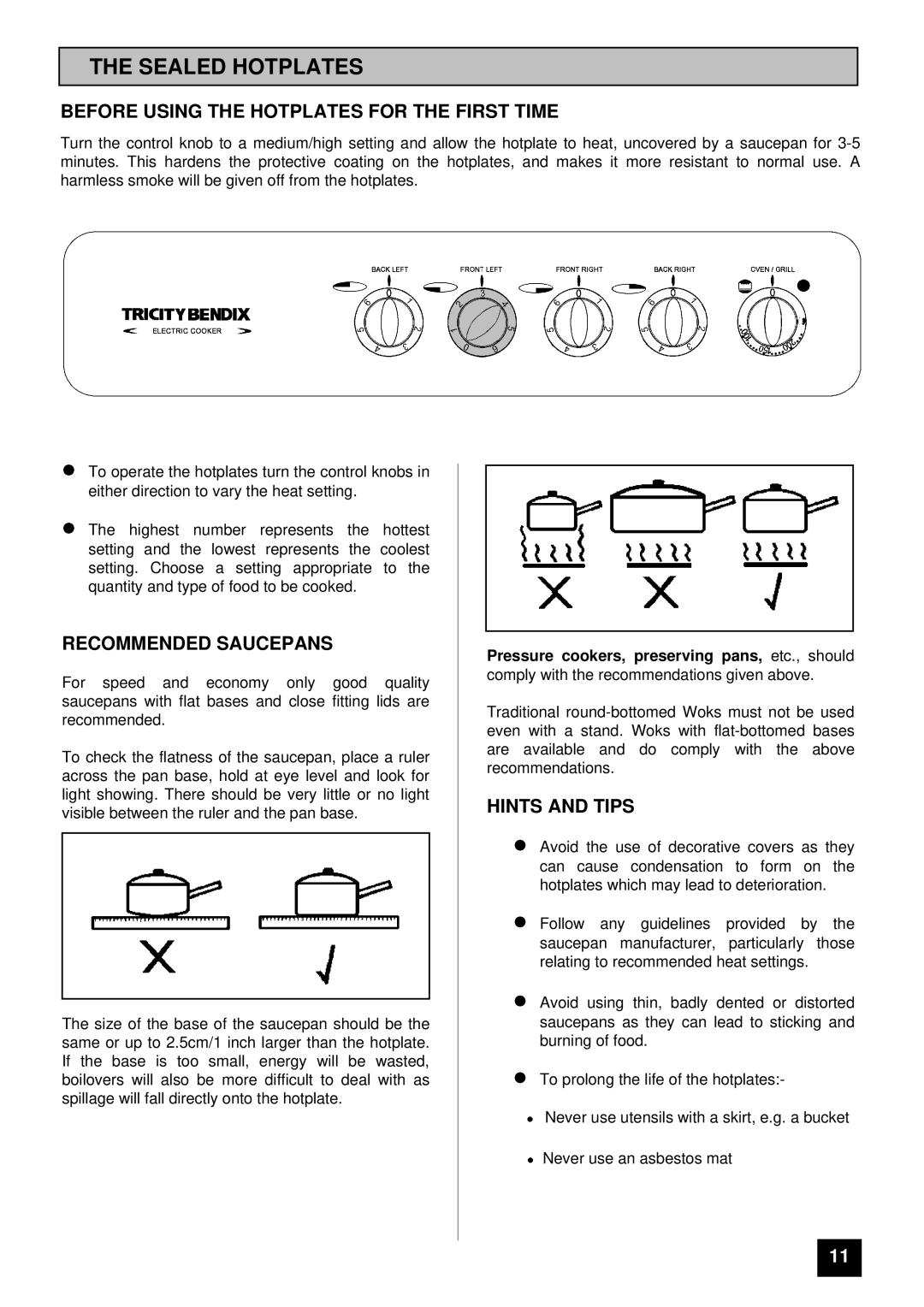 Tricity Bendix RSE50M Sealed Hotplates, Before Using the Hotplates for the First Time, Recommended Saucepans 