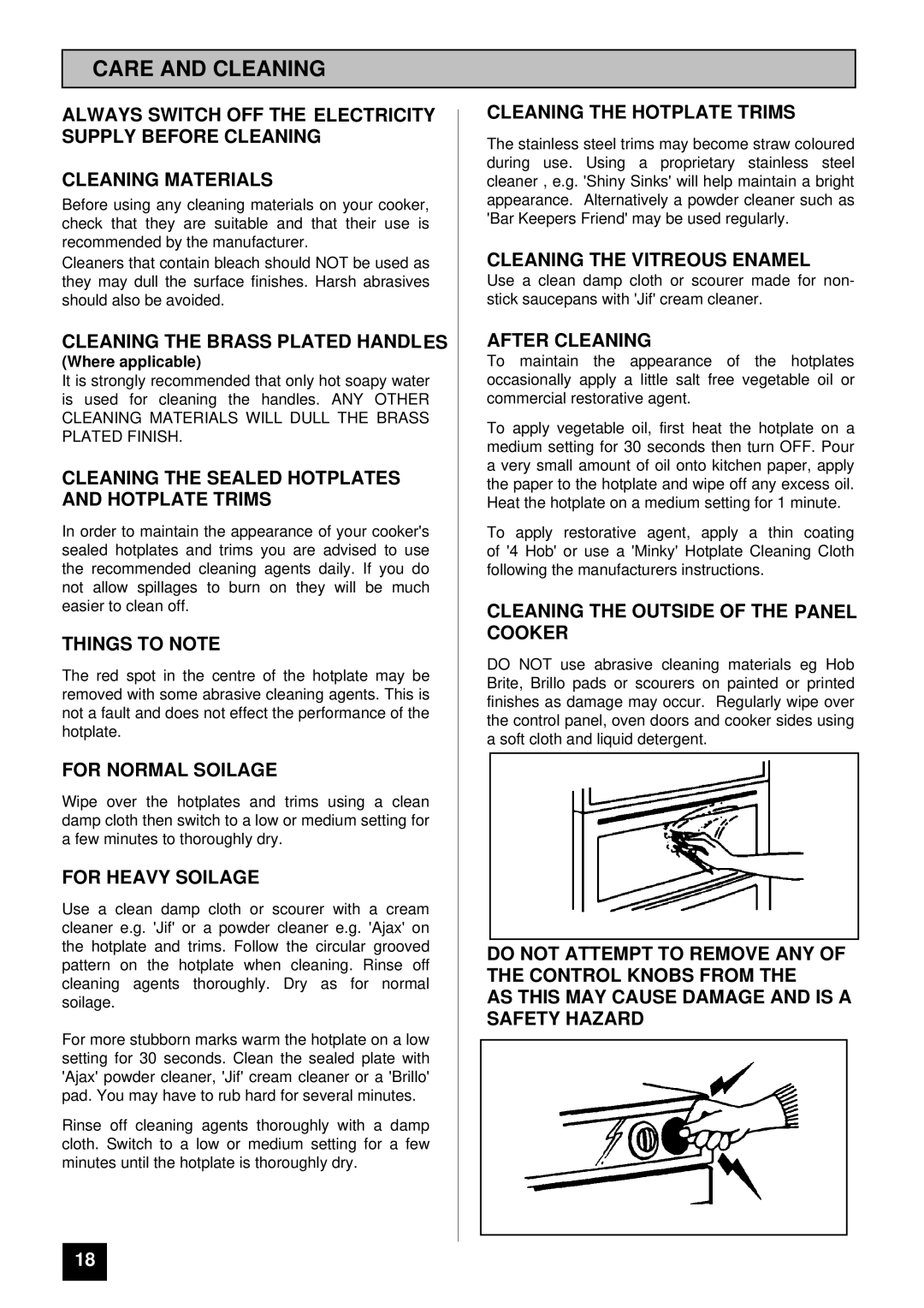 Tricity Bendix RSE50M installation instructions Care and Cleaning 