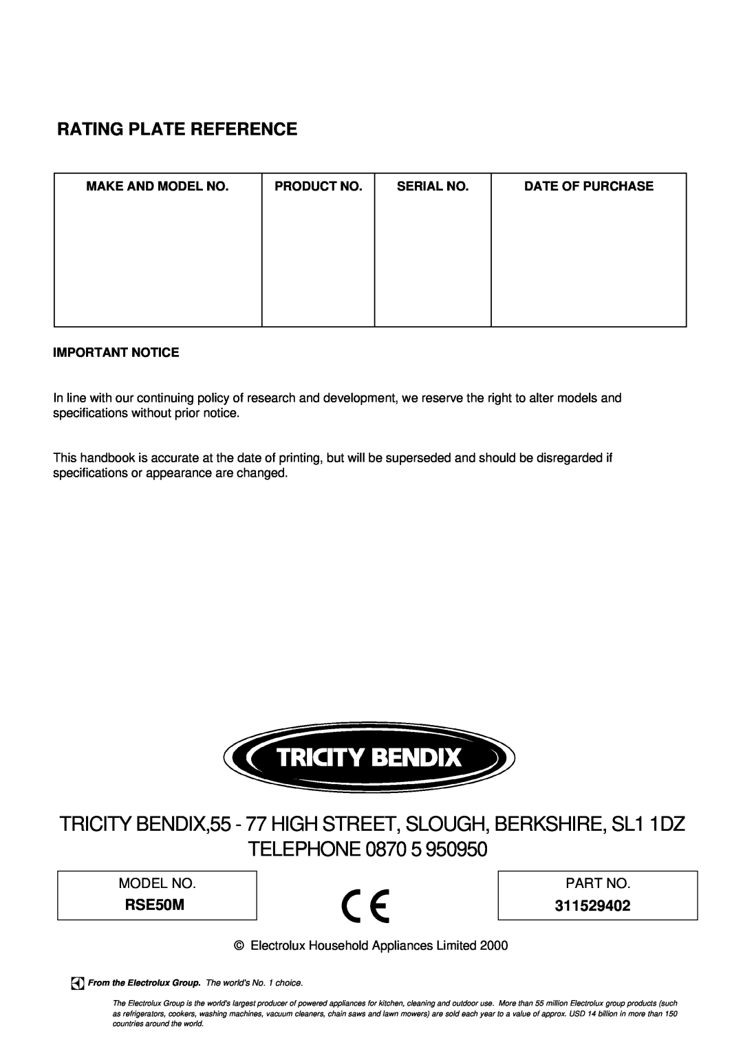 Tricity Bendix RSE50M installation instructions Rating Plate Reference, 311529402, Telephone 