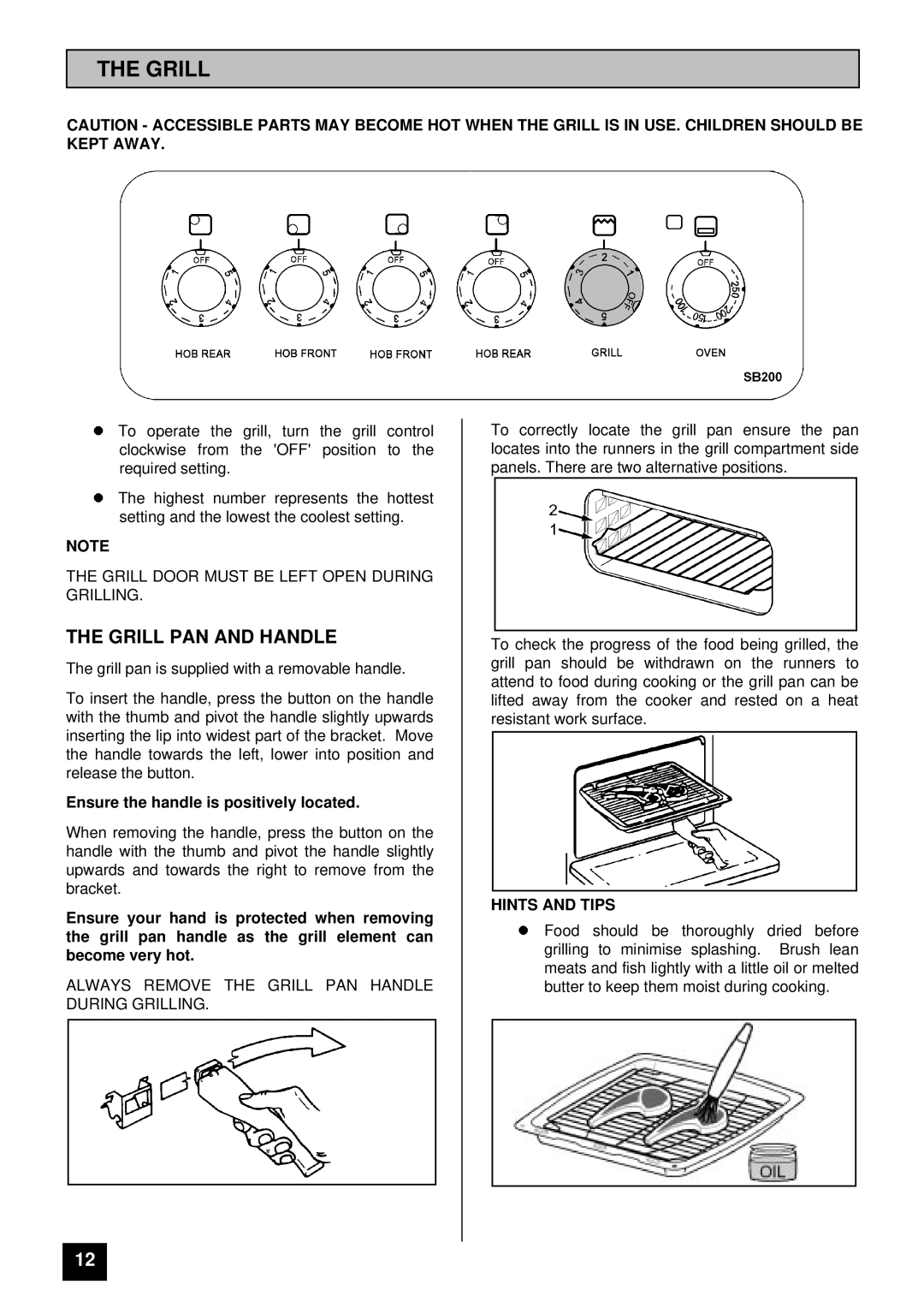 Tricity Bendix SB 200 installation instructions Grill PAN- and Handle 