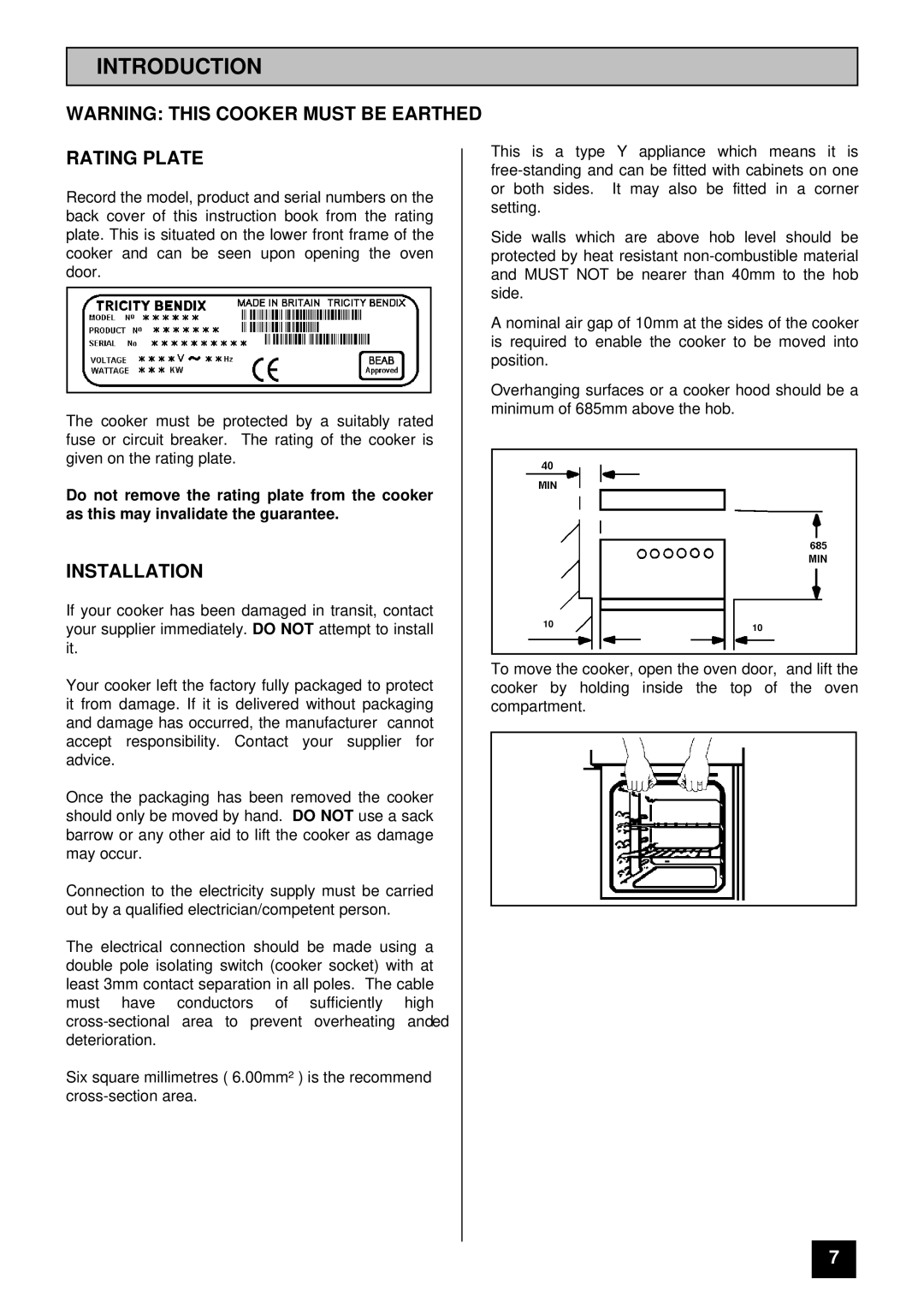 Tricity Bendix SB 200 installation instructions Introduction, Rating Plate, Installation 