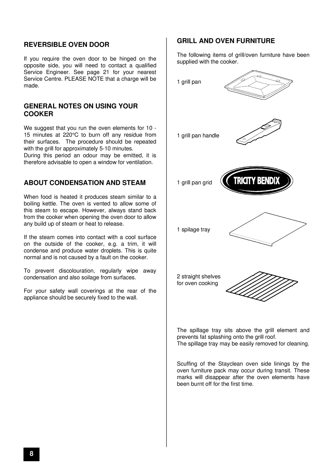 Tricity Bendix SB 200 Reversible Oven Door, General Notes on Using Your Cooker, About Condensation and Steam 