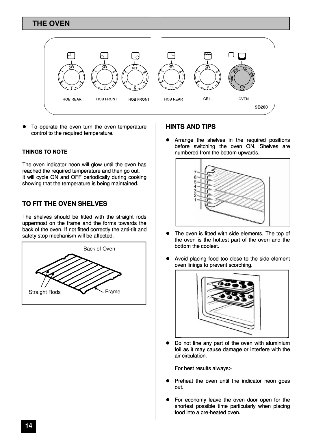 Tricity Bendix SB 200 installation instructions To Fit The Oven Shelves, lHINTS AND TIPS, Things To Note 