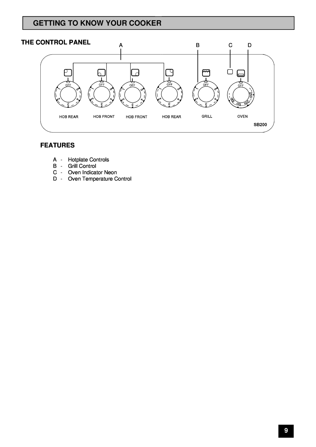 Tricity Bendix SB 200 installation instructions Getting To Know Your Cooker, The Control Panel, Features 