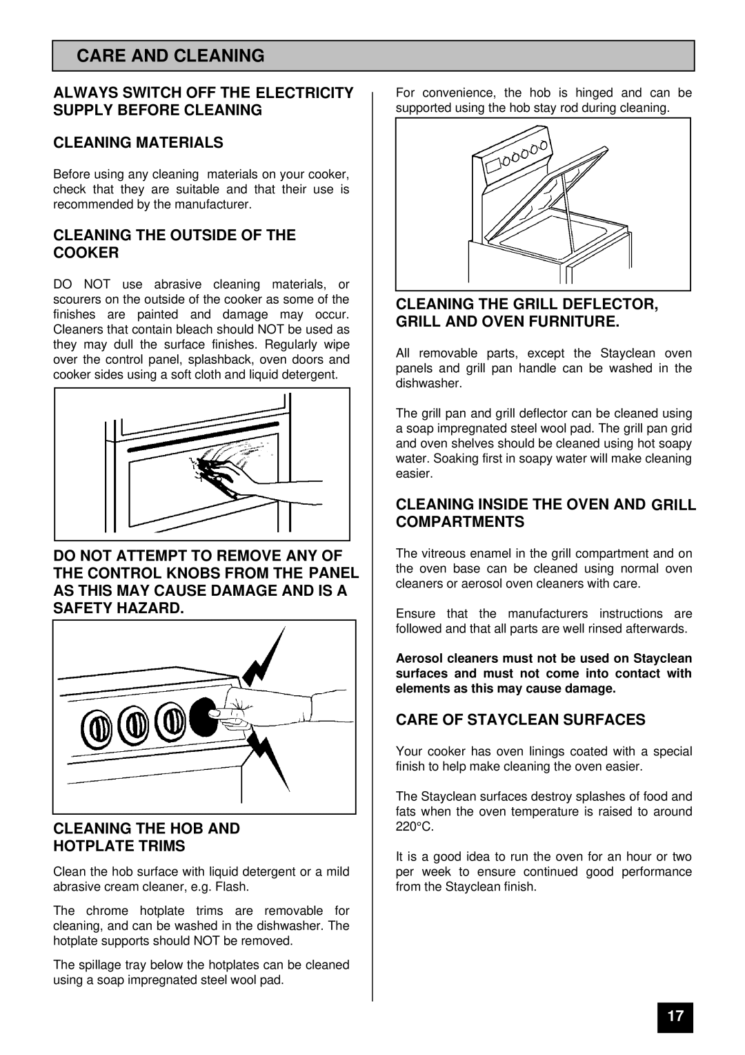 Tricity Bendix SB 410 Care and Cleaning, Cleaning the Outside of the Cooker, Care of Stayclean Surfaces 