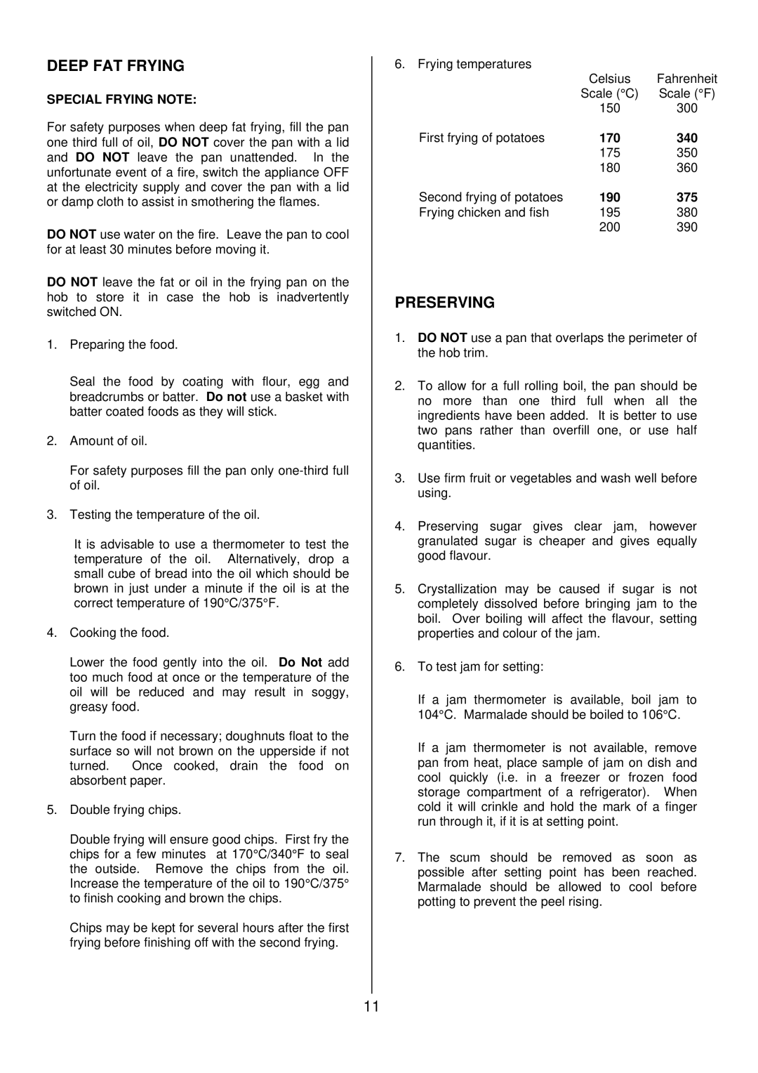 Tricity Bendix SB 415GR installation instructions Deep FAT Frying, Preserving 