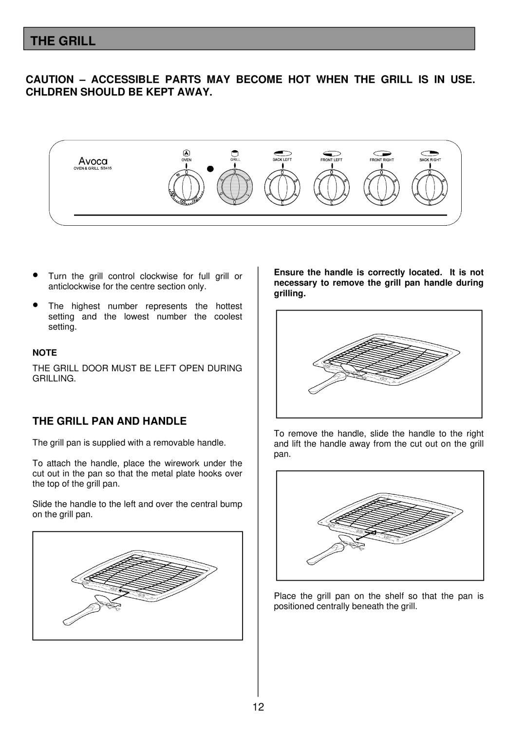 Tricity Bendix SB 415GR installation instructions Grill PAN and Handle 