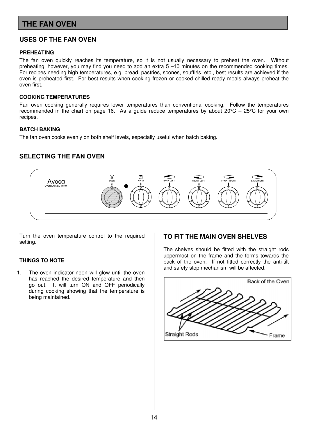 Tricity Bendix SB 415GR Uses of the FAN Oven, Selecting the FAN Oven, To FIT the Main Oven Shelves 