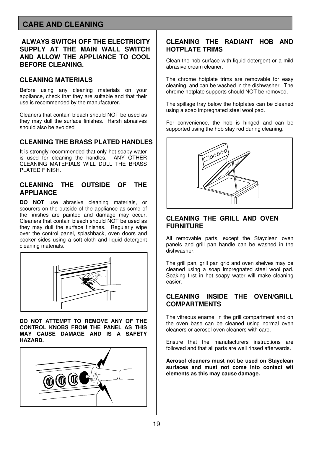 Tricity Bendix SB 415GR installation instructions Care and Cleaning 