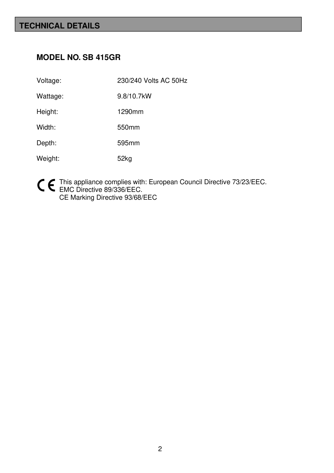 Tricity Bendix installation instructions Technical Details Model NO. SB 415GR 