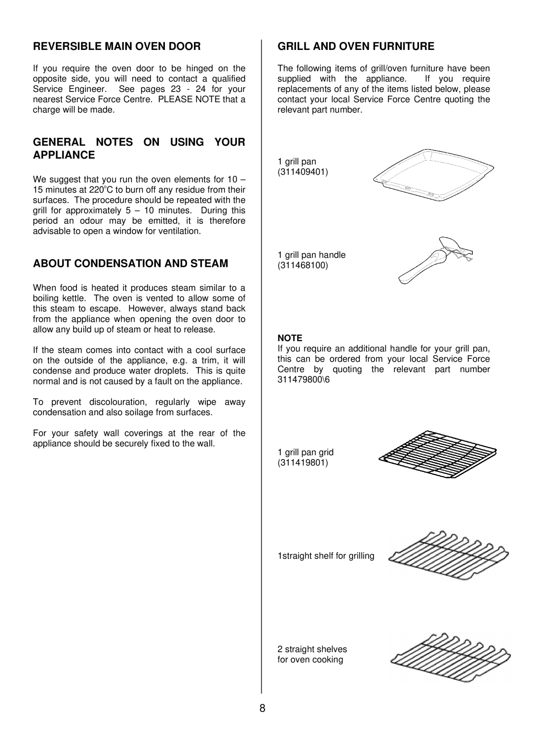 Tricity Bendix SB 415GR Reversible Main Oven Door, General Notes on Using Your Appliance, About Condensation and Steam 