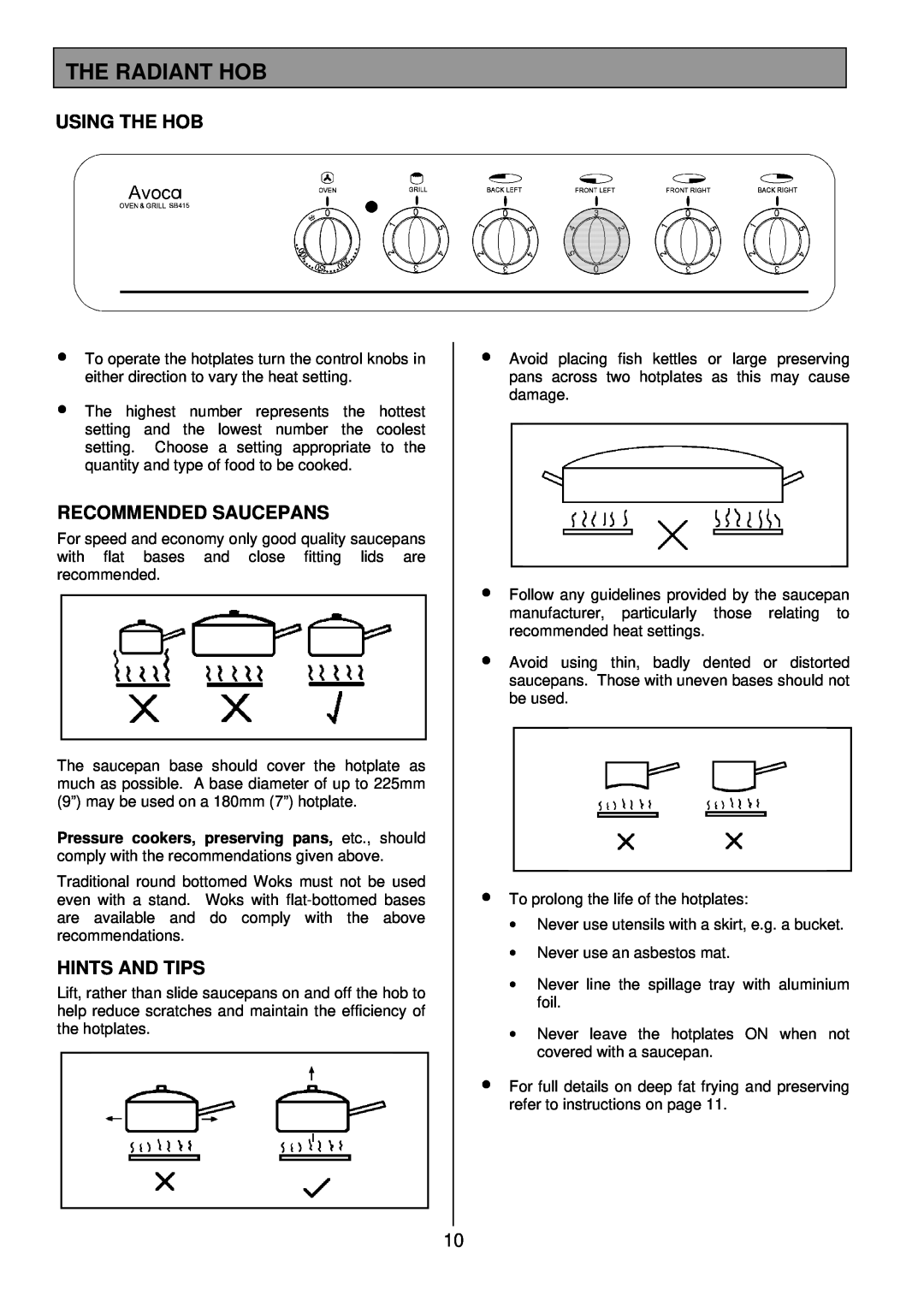 Tricity Bendix SB 415GR installation instructions The Radiant Hob, Using The Hob, Recommended Saucepans, Hints And Tips 
