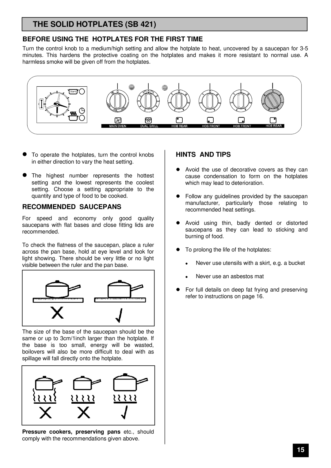 Tricity Bendix SB 421, SB 430, SB 420 Solid Hotplates SB, Before Using the Hotplates for the First Time, Hints and Tips 