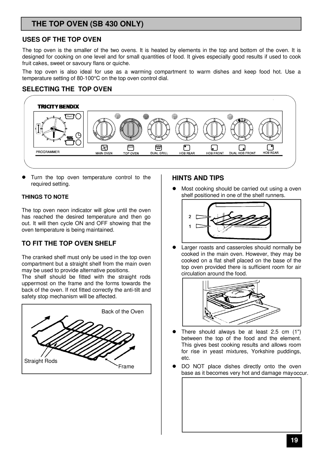 Tricity Bendix SB 421 TOP Oven SB 430 only, Uses of the TOP Oven, Selecting the TOP Oven, To FIT the TOP Oven Shelf 