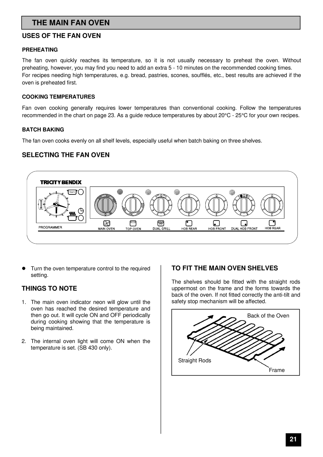 Tricity Bendix SB 421, SB 430 Main FAN Oven, Uses of the FAN Oven, Selecting the FAN Oven, To FIT the Main Oven Shelves 