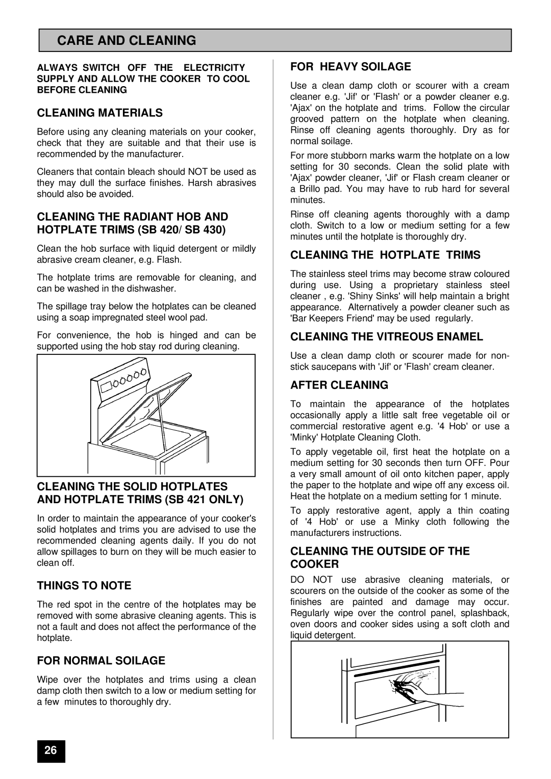 Tricity Bendix SB 420, SB 421, SB 430 installation instructions Care and Cleaning 