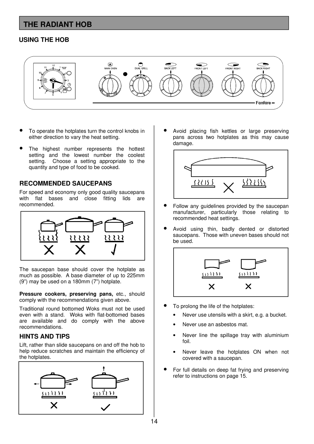 Tricity Bendix SB 422/423 installation instructions Radiant HOB, Using the HOB, Recommended Saucepans, Hints and Tips 