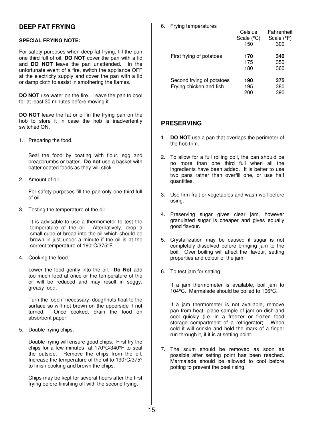 Tricity Bendix SB 422/423 installation instructions Deep FAT Frying, Preserving, Special Frying Note 