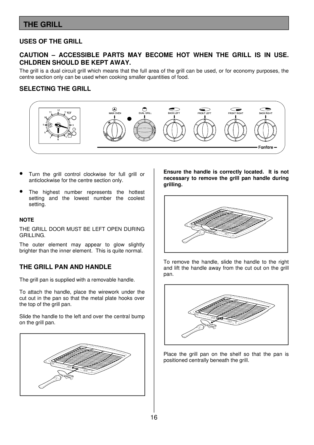 Tricity Bendix SB 422/423 installation instructions Uses of the Grill, Selecting the Grill, Grill PAN and Handle 