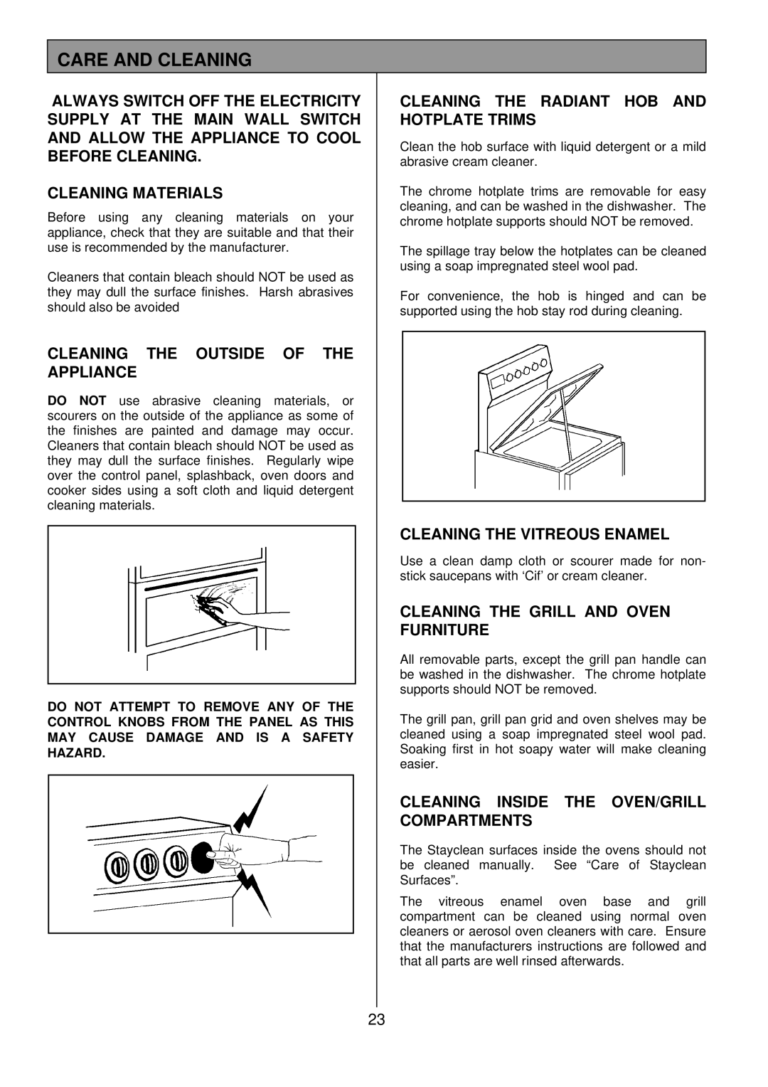 Tricity Bendix SB 422/423 installation instructions Care and Cleaning 