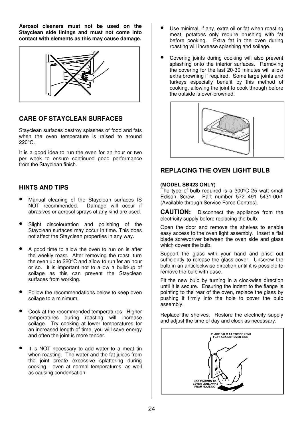 Tricity Bendix SB 422/423 Care of Stayclean Surfaces, Replacing the Oven Light Bulb, Model SB423 only 