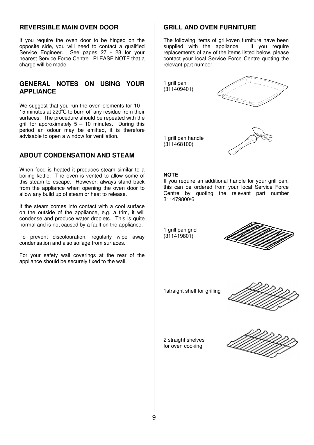 Tricity Bendix SB 422/423 Reversible Main Oven Door, General Notes on Using Your Appliance, About Condensation and Steam 