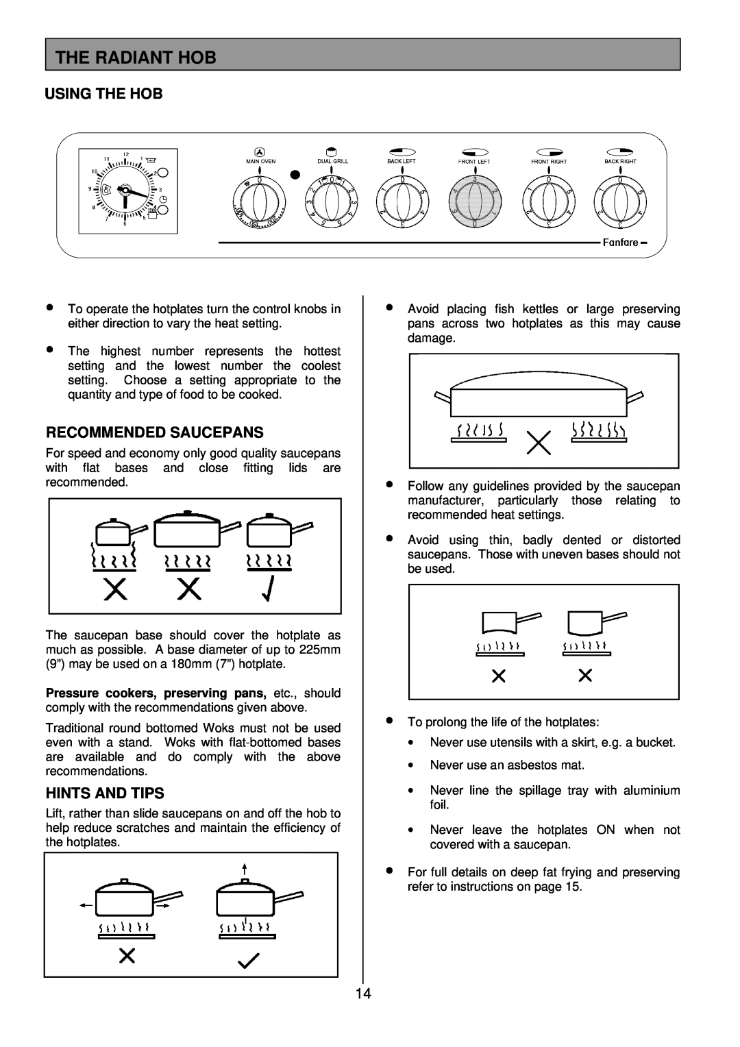 Tricity Bendix SB 422/423 installation instructions The Radiant Hob, Using The Hob, Recommended Saucepans, Hints And Tips 