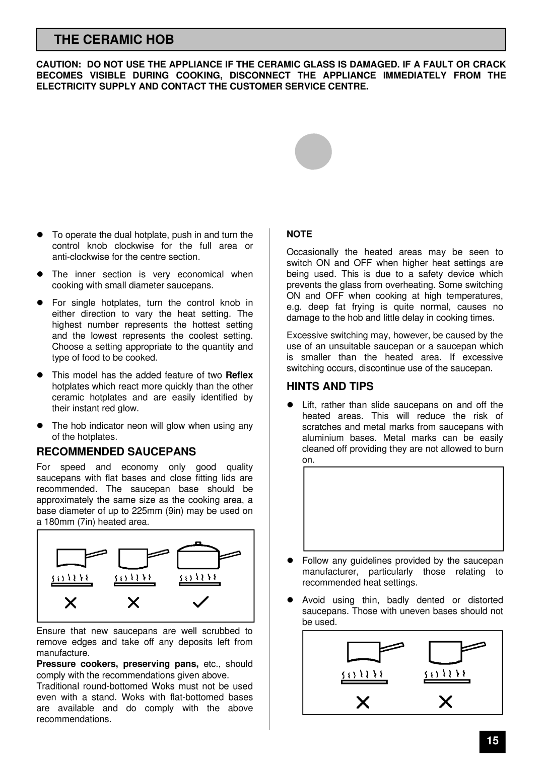 Tricity Bendix SB 461 installation instructions Ceramic HOB, Recommended Saucepans, Hints and Tips 