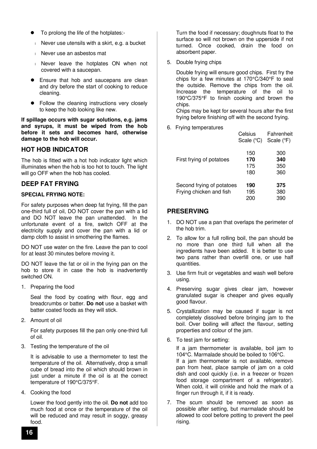 Tricity Bendix SB 461 installation instructions HOT HOB Indicator, Deep FAT Frying, Preserving, Special Frying Note 