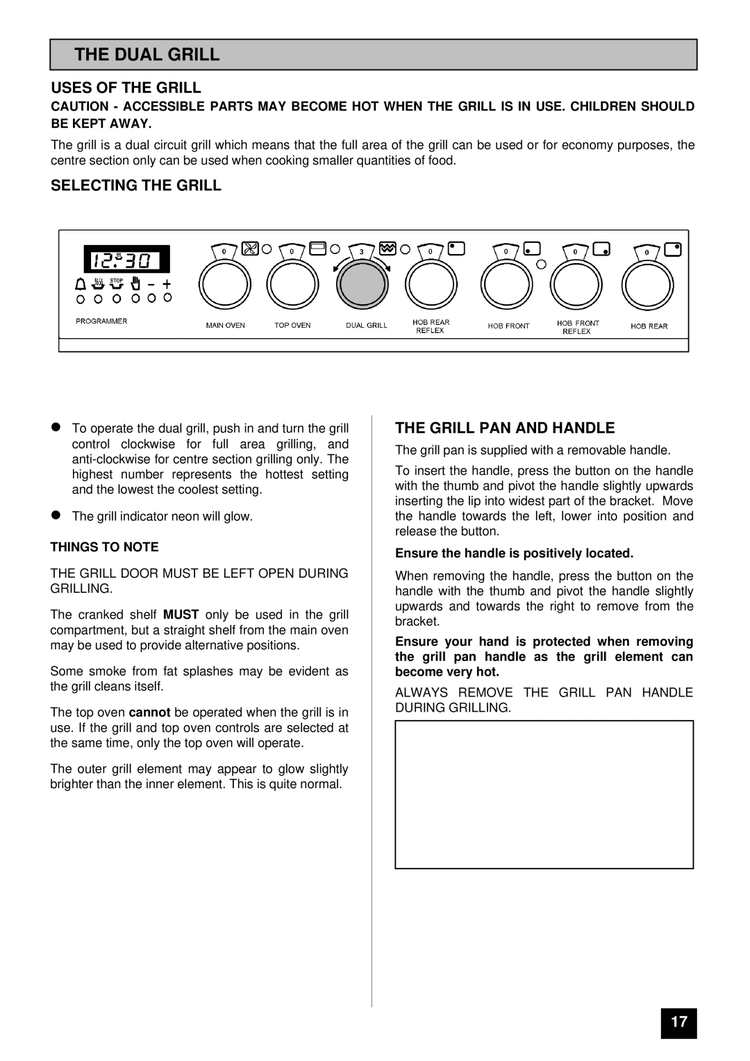 Tricity Bendix SB 461 Dual Grill, Uses of the Grill, Selecting the Grill, Grill PAN and Handle, Things to Note 