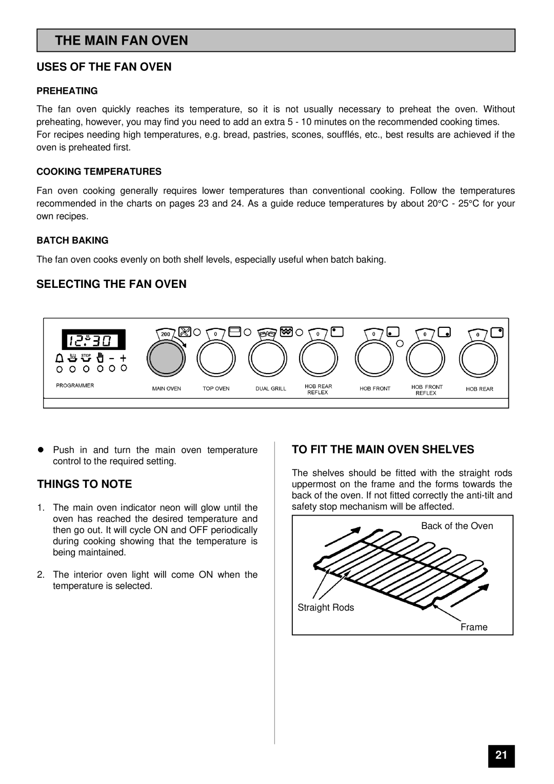 Tricity Bendix SB 461 Main FAN Oven, Uses of the FAN Oven, Selecting the FAN Oven, To FIT the Main Oven Shelves 