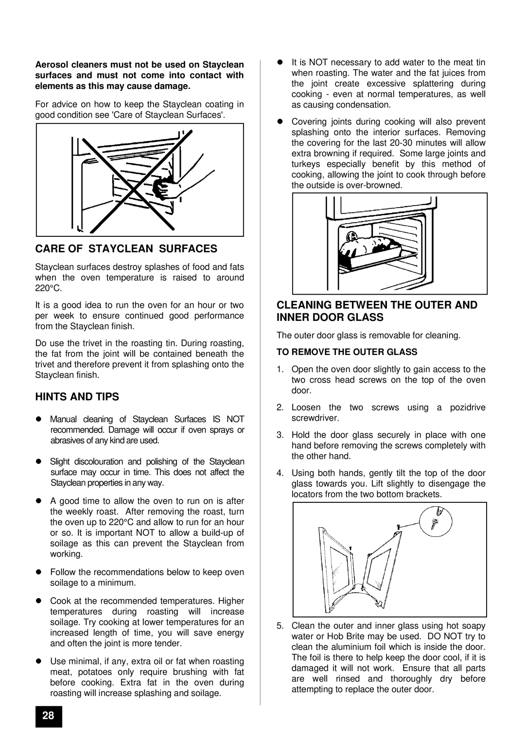Tricity Bendix SB 461 installation instructions Care of Stayclean Surfaces, Cleaning Between the Outer and Inner Door Glass 
