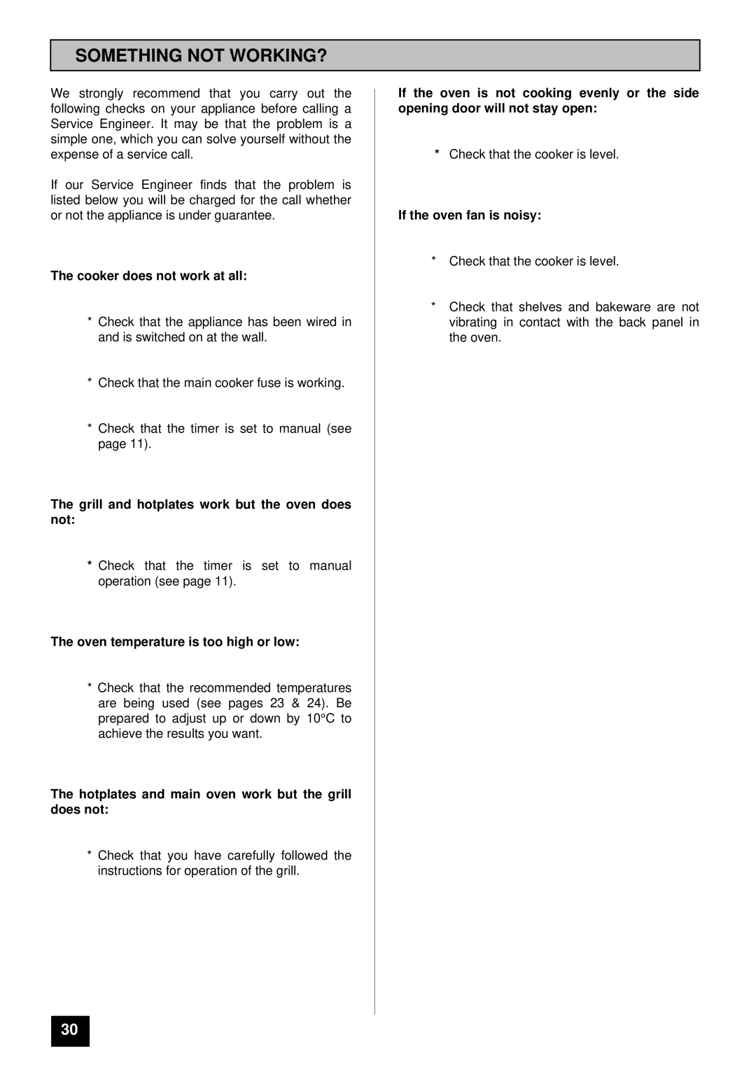 Tricity Bendix SB 461 installation instructions Something not WORKING?, Cooker does not work at all 