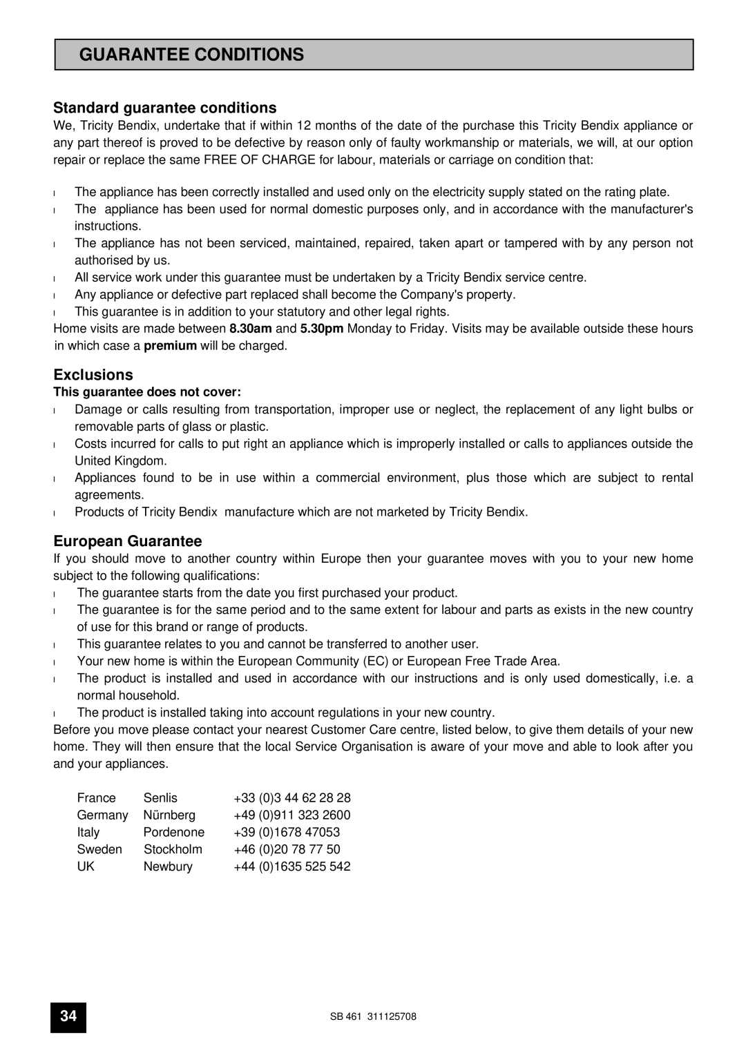 Tricity Bendix SB 461 installation instructions Guarantee Conditions, Standard guarantee conditions 