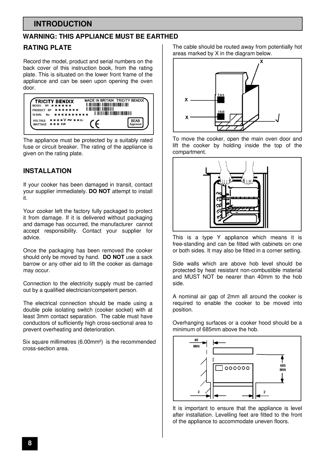 Tricity Bendix SB 461 installation instructions Introduction, Rating Plate, Installation 