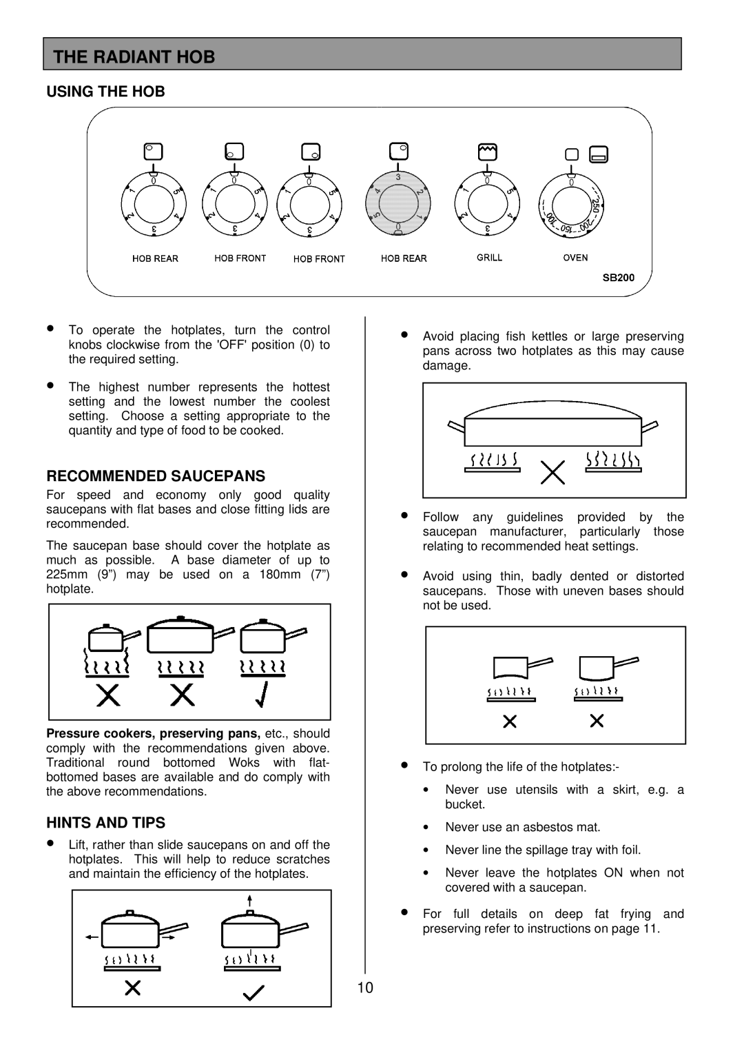 Tricity Bendix SB200 installation instructions Radiant HOB, Using the HOB, Recommended Saucepans, Hints and Tips 